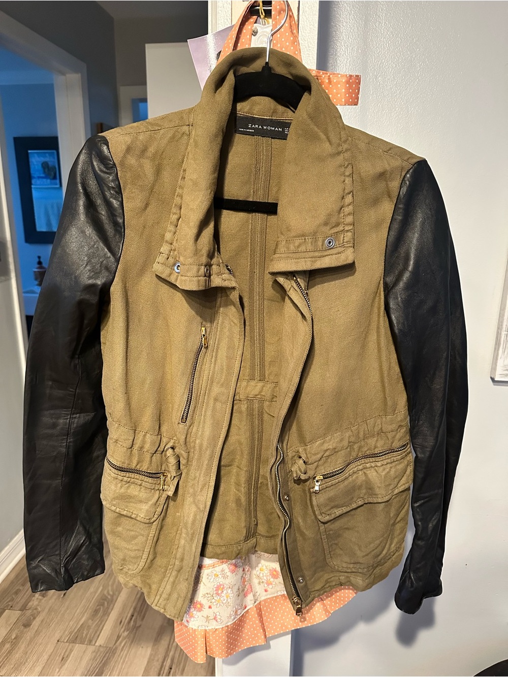 🍁Zara Olive Utility Jacket with Black Leather Sleeves